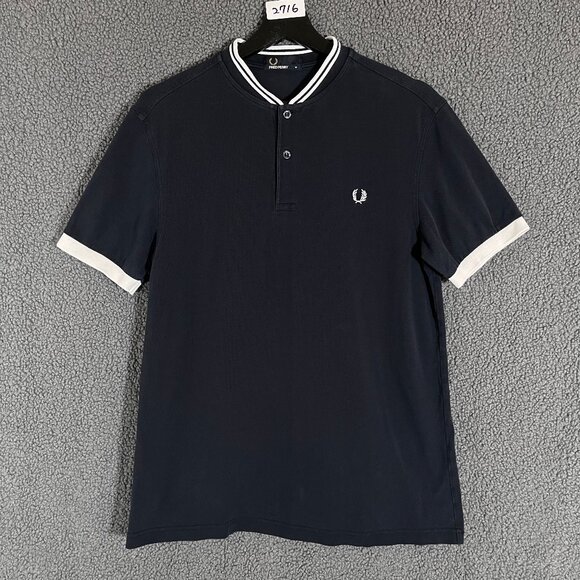 Fred Perry Grandad Collar Cotton Polo Shirt - Men's Size M - Dark Blue - Picture 1 of 7